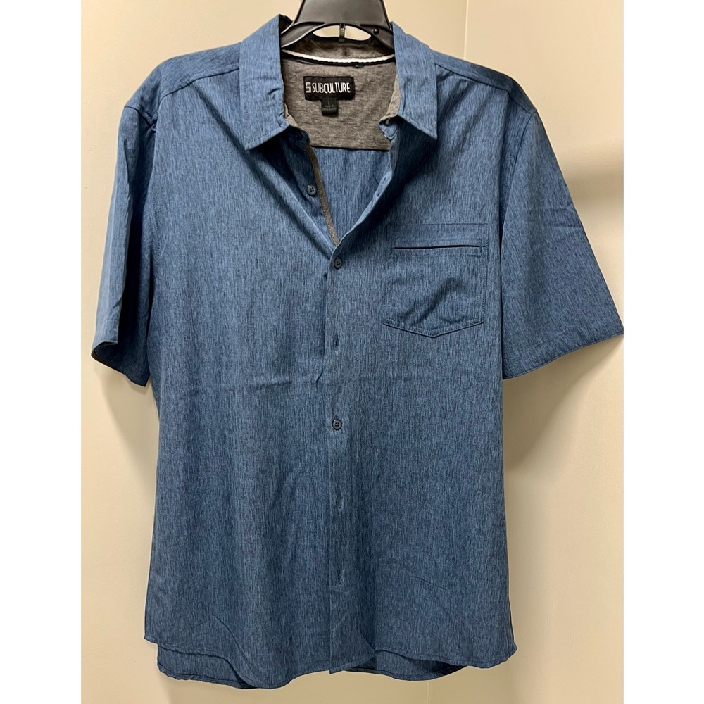 Subculture Brand Mens Short Sleeve Button Down Top in Blue Denim Color